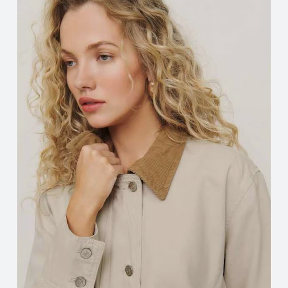 Reformation Archer Beige Denim Utility Jacket With Brown Collar View 2